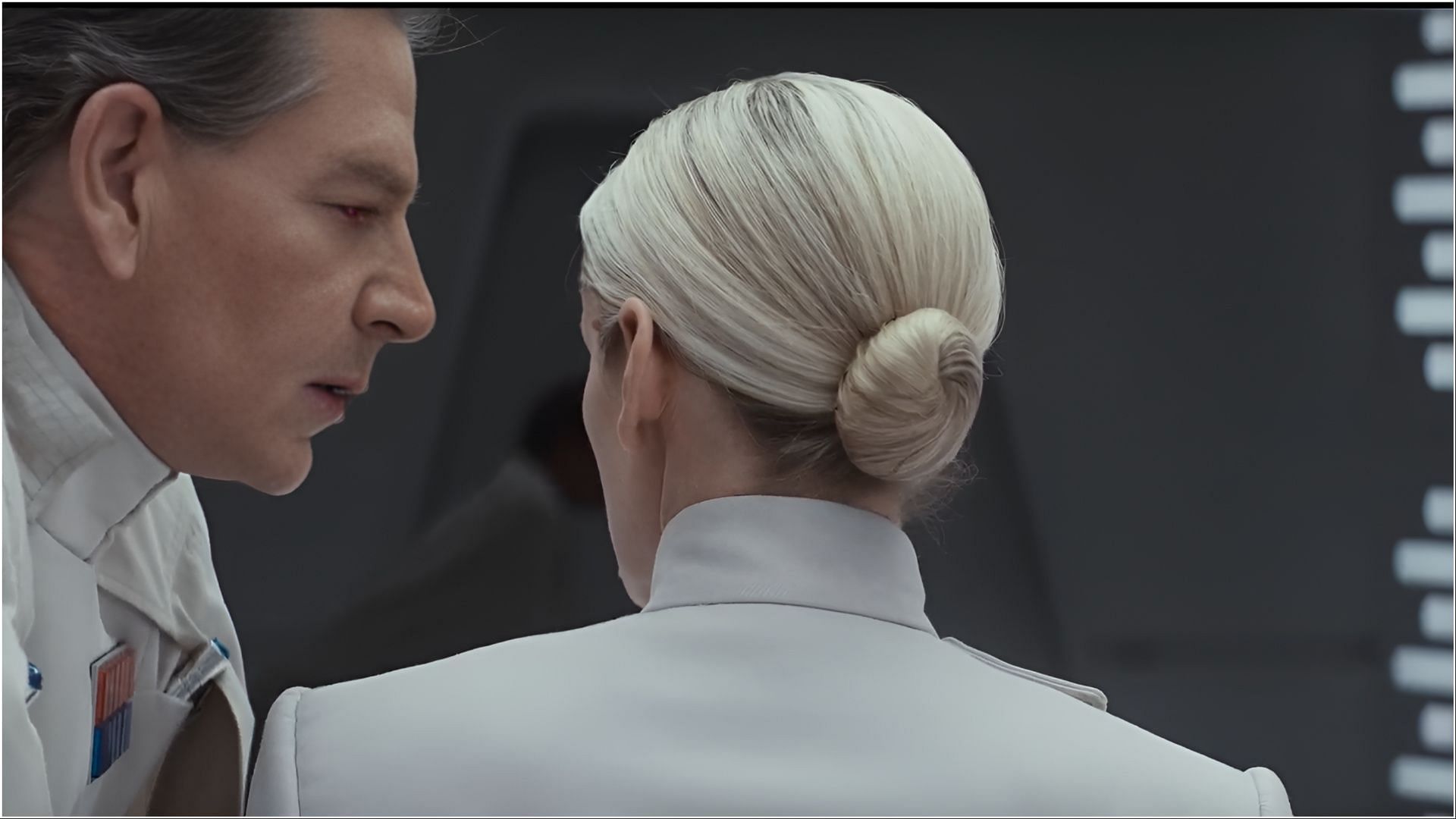 Orson Krennic interrogates Dedra Meero after discovering breaches in Death Star-related security. (Image via Disney+)